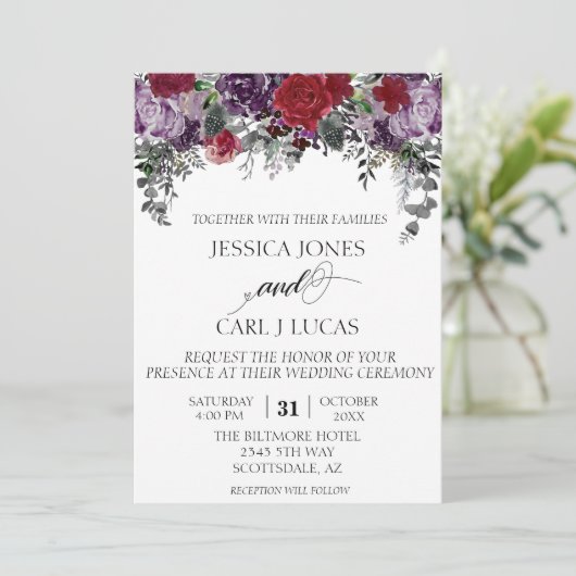 Burgundy Paarse Waterverf Floral Halloween Invit Kaart (Staand voorkant)