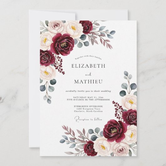 Burgundy Painterly Bloom Romance Wedding Kaart (Voorkant)
