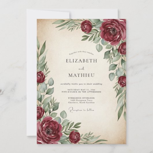 Burgundy Painterly Vintage Wedding Kaart (Voorkant)