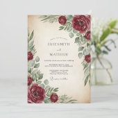 Burgundy Painterly Vintage Wedding Kaart (Staand voorkant)