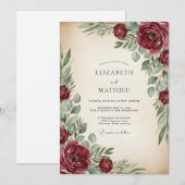 Burgundy Painterly Vintage Wedding Kaart (Voorkant / Achterkant)