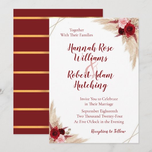Burgundy Pampas Grass Wedding Invitation Kaart (Voorkant / Achterkant)