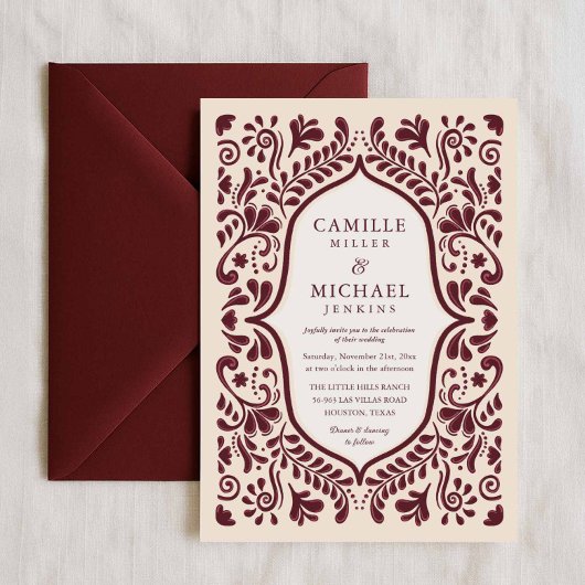 Burgundy Papel Picado Mexican Wedding Invitation Kaart