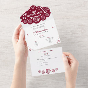 Burgundy Papel Picado Mis Quince Años All In One Uitnodiging