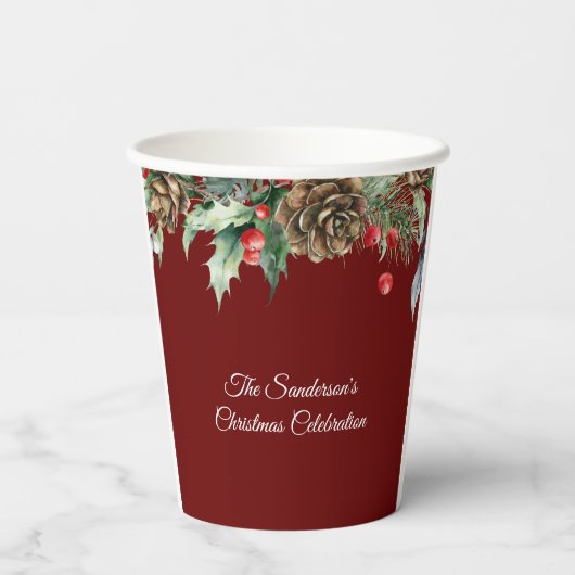 Burgundy Peace Dove Holly Christian Christmas Papieren Bekers (Achterkant)