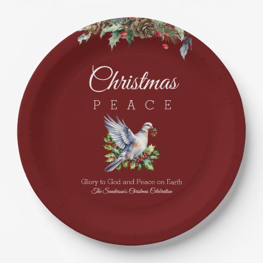 Burgundy Peace Dove Holly Christian Christmas Papieren Bordje (Voorkant)