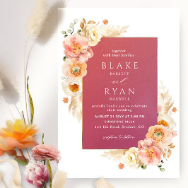 Burgundy Peach Blush en Cream Floral Chic Wedding Kaart