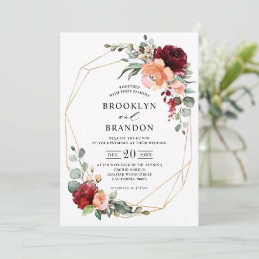 Burgundy Peach Coral Oranje Eucalyptus Weddenschap Kaart (Staand voorkant)