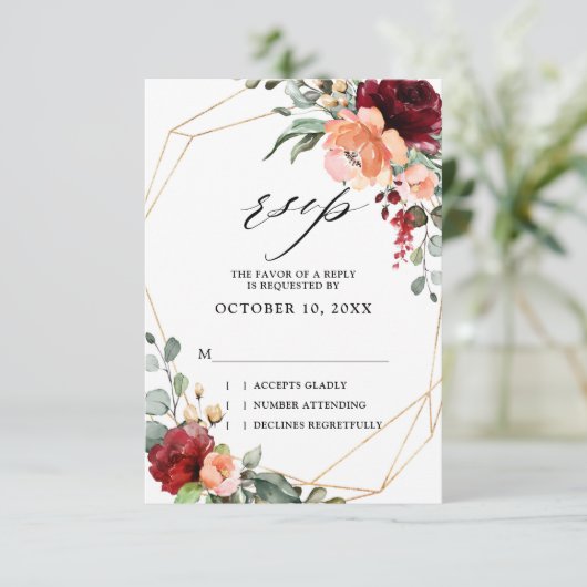 Burgundy Peach Coral Oranje Eucalyptus Weddenschap RSVP Kaartje (Staand voorkant)