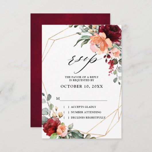 Burgundy Peach Coral Oranje Eucalyptus Weddenschap RSVP Kaartje (Voorkant / Achterkant)