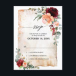Burgundy Peach Coral Pink Roses Eucalyptus RSVP Briefkaart<br><div class="desc">Bourgogne Perzik Verbrande Oranje bruiloft RSVP briefkaart met elegant boeket van bordeaux, rood, Marsala, kastanjebruin, perzik, zalmroze, koraal, en blush kleur roos bloemknoppen en salie groene eucalyptus bladeren. En oude grunge waterverf perkament textuur. Neem contact met mij op voor hulp bij maatwerk of als u een ander product met dit...</div>