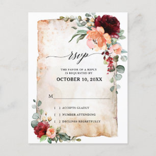 Burgundy Peach Coral Pink Roses Eucalyptus RSVP Briefkaart