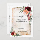 Burgundy Peach Coral Pink Roses Eucalyptus RSVP Briefkaart (Voorkant / Achterkant)