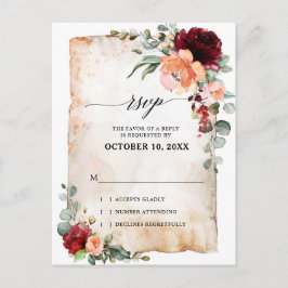 Burgundy Peach Coral Pink Roses Eucalyptus RSVP Briefkaart