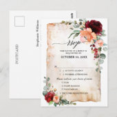 Burgundy Peach Coral Pink Roses Eucalyptus RSVP Briefkaart (Voorkant / Achterkant)