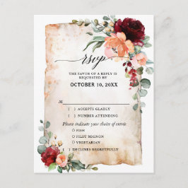 Burgundy Peach Coral Pink Roses Eucalyptus RSVP Briefkaart