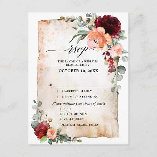 Burgundy Peach Coral Pink Roses Eucalyptus RSVP Briefkaart (Voorkant)