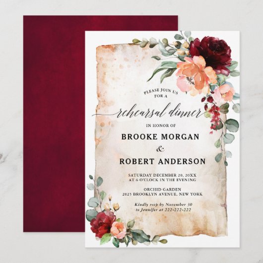 Burgundy Peach Coral Pink Roses Rehearsal Dinner Kaart (Voorkant / Achterkant)