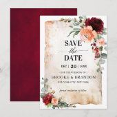 Burgundy Peach Coral Pink Roses Save the Date Kaar (Voorkant / Achterkant)