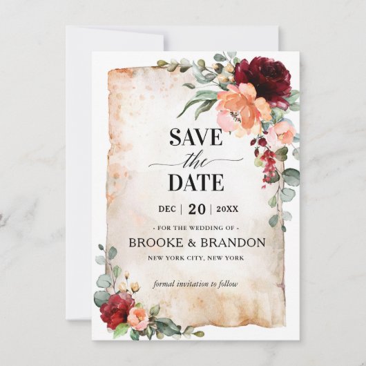 Burgundy Peach Coral Pink Roses Save the Date Kaar (Voorkant)