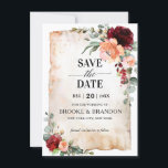 Burgundy Peach Coral Pink Roses Save the Date Kaar<br><div class="desc">Het Sinaasappel Burgundy Peach Burnt redt de datumkaart met de elegante bouquet van de bruine, rode, Marsala, maroon, peach, zalmroze, koraal en bloemen in kleur en groene eucalyptusbladeren. En de oude grunge waterverf-perkamenttextuur. Neem contact met mij op voor hulp bij aanpassingen of als u een ander product nodig hebt met...</div>