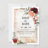 Burgundy Peach Coral Pink Roses Save the Date Kaar