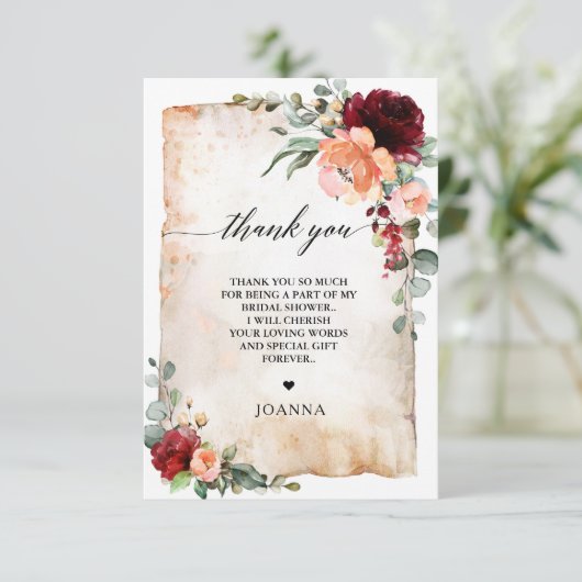 Burgundy Peach Coral Pink Roses Vrijgezellenfeest Bedankkaart (Staand voorkant)