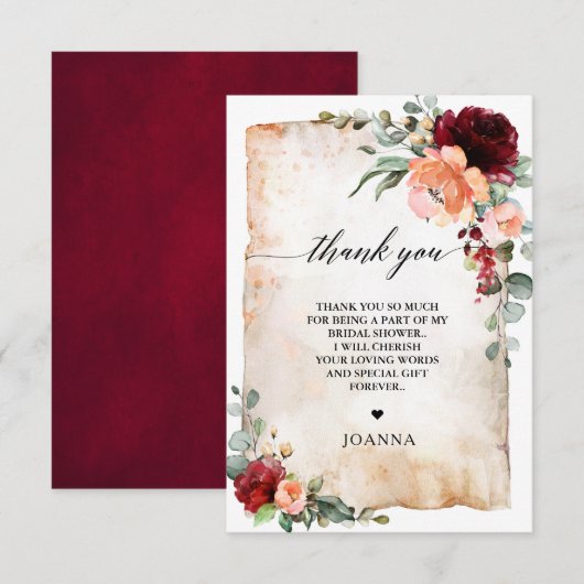 Burgundy Peach Coral Pink Roses Vrijgezellenfeest Bedankkaart (Voorkant / Achterkant)