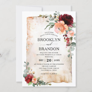 Burgundy Peach Coral roze Roses Eucalyptus Weddens Kaart
