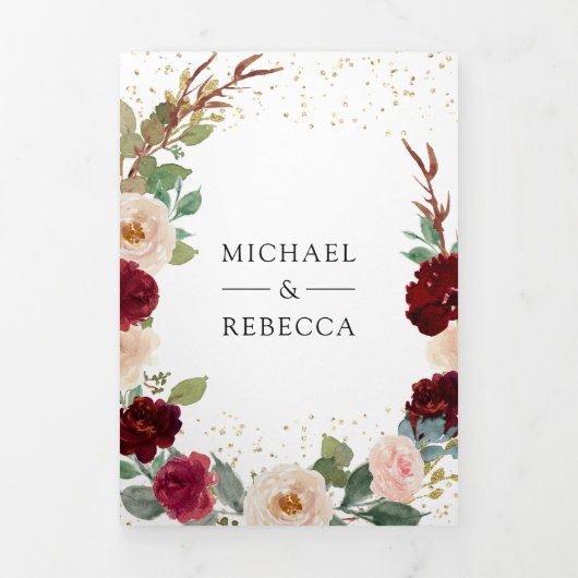 Burgundy Peach Floral in één QR Code Weddenschap Drieluik Uitnodiging (Cover)