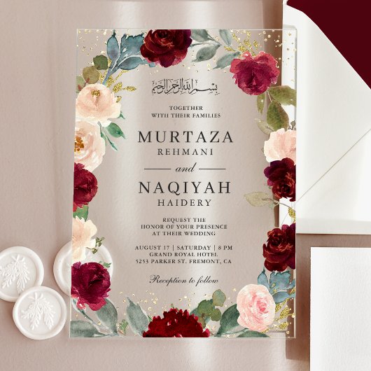 Burgundy Peach Floral Muslim Wedding Acryl Uitnodigingen