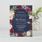 Burgundy Peach Floral Navy Blue QR Code Weddenscha Kaart (Staand voorkant)