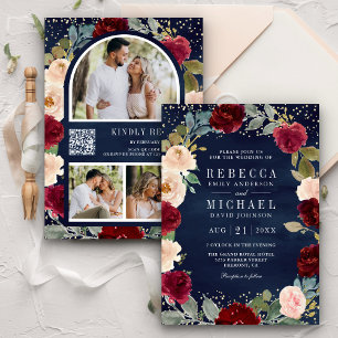 Burgundy Peach Floral Navy Blue QR Code Weddenscha Kaart