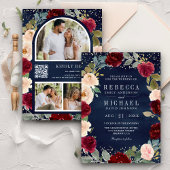 Burgundy Peach Floral Navy Blue QR Code Weddenscha Kaart