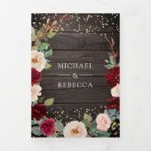 Burgundy Peach Floral QR Code Barn Wood Weduwschap Drieluik Uitnodiging (Cover)