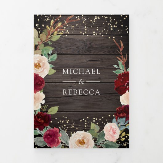 Burgundy Peach Floral QR Code Barn Wood Weduwschap Drieluik Uitnodiging (Cover)