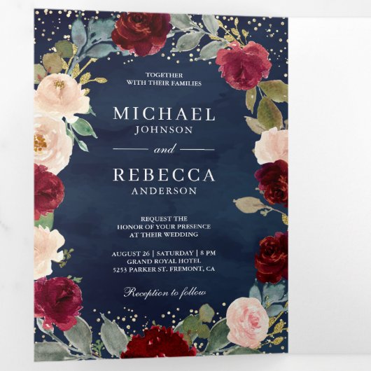 Burgundy Peach Floral QR Code Navy Blue Weddenscha Drieluik Uitnodiging (Binnenzijde eerst)