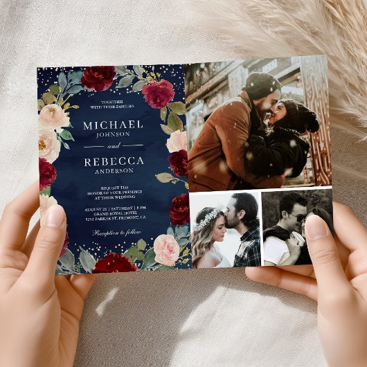 Burgundy Peach Floral QR Code Navy Blue Wedding