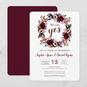 Burgundy Peach Marsala Floral Engagement Party Kaart