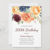 Burgundy Peach Navy Floral 100th Birthday Kaart (Voorkant)