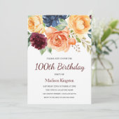 Burgundy Peach Navy Floral 100th Birthday Kaart (Staand voorkant)