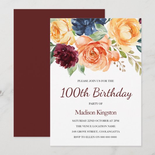 Burgundy Peach Navy Floral 100th Birthday Kaart (Voorkant / Achterkant)