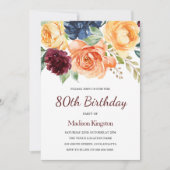 Burgundy Peach Navy Floral 80th Birthday Kaart (Voorkant)