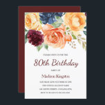 Burgundy Peach Navy Floral 80th Birthday Kaart<br><div class="desc">Burgundy Peach Navy waterverf Floral 80th Birthday Womans 80th Birthday Party Invitation Zie passend collectie in Niche en Nest Store</div>
