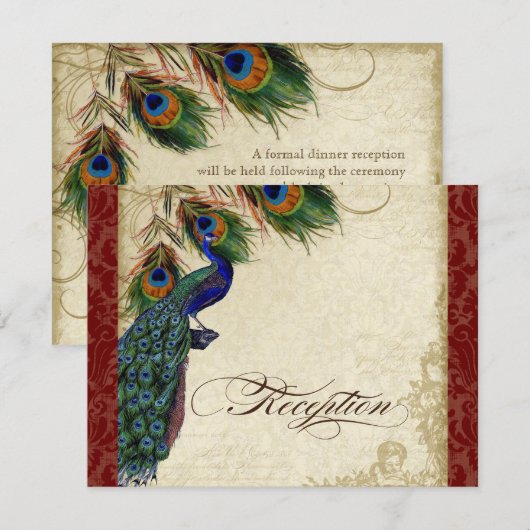 Burgundy Peacock Feathers Lace Reception Kaart (Voorkant / Achterkant)