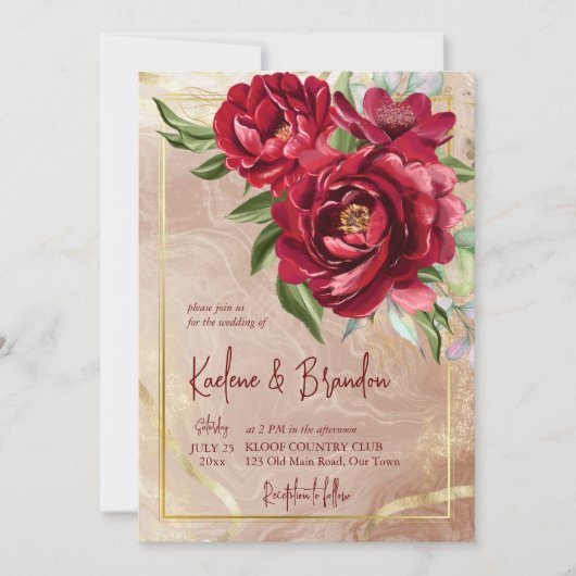 Burgundy peonies floral modern script bruiloft kaart (Voorkant)
