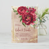 Burgundy peonies floral modern script bruiloft kaart (Staand voorkant)