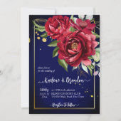 Burgundy peonies royal blue floral bruiloft kaart (Voorkant)