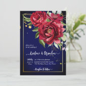 Burgundy peonies royal blue floral bruiloft kaart (Staand voorkant)