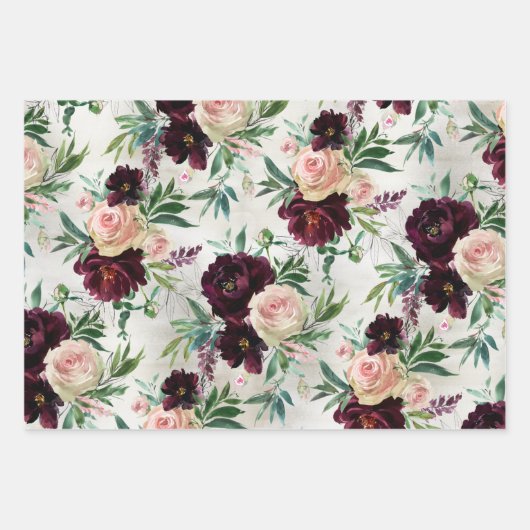 Burgundy Peony Blush Pink Mondial Rozen Inpakpapier Vel (Voorkant)